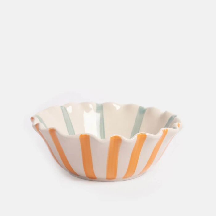 Caroline Gardner Blue & Orange Striped Scallop Edge Cereal Bowl